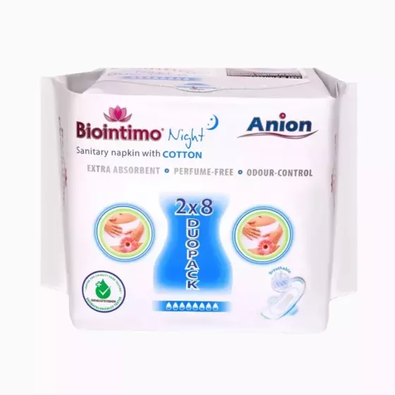 ANION Biointimo - Dámské hygienické vložky s anionovým proužkem - NOČNÍ DUO pack 2x8 ks ANION Biointimo - Dámské hygienické vložky s anionovým proužkem - NOČNÍ DUO pack 2x8 ks
